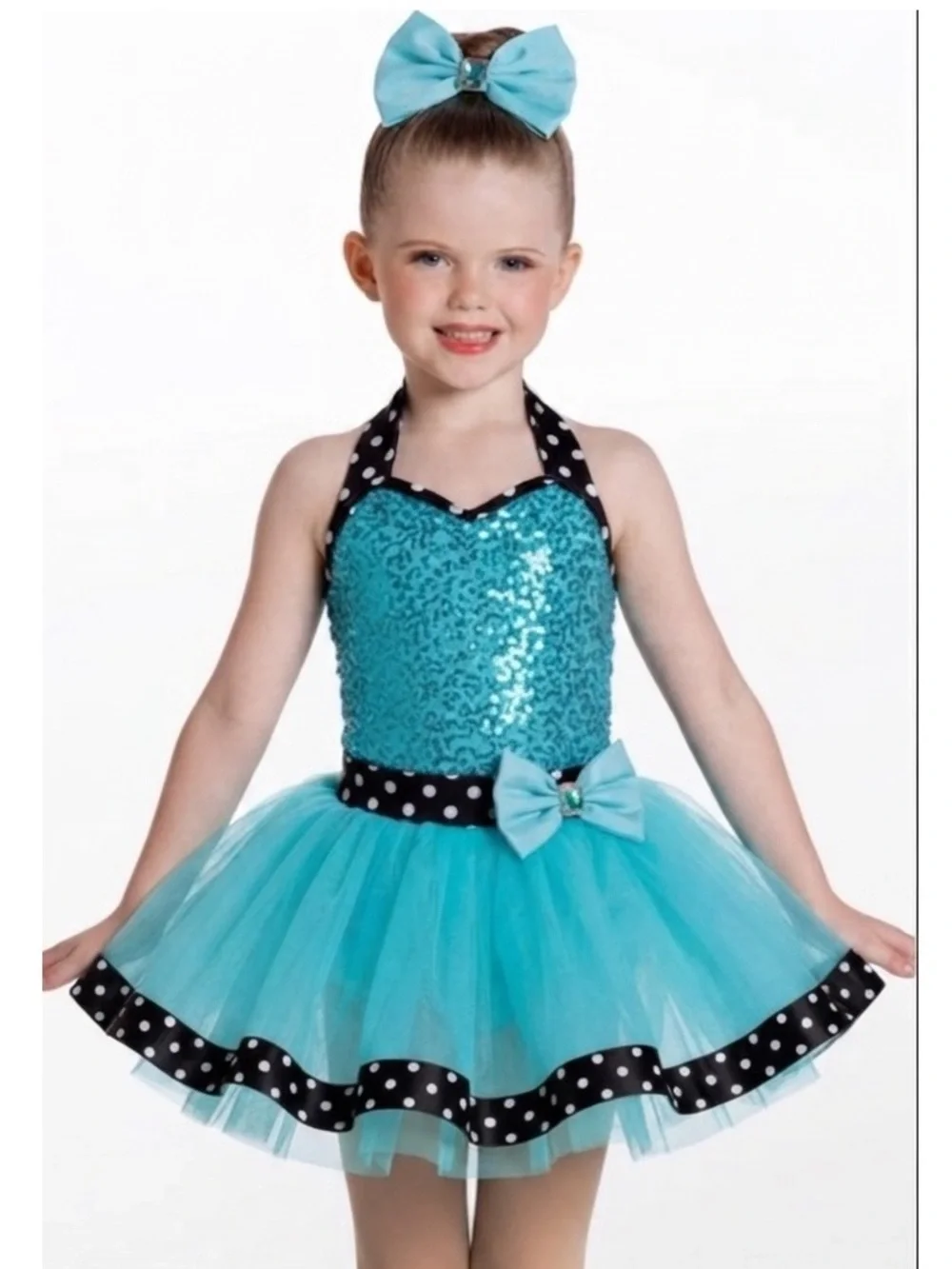 Weissman | Boogie Fever Teal Sequin Tutu Dress with Black Polka Dot Trim, IC